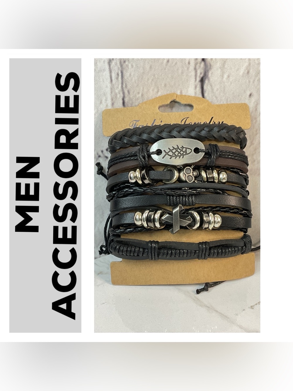 🌟🌟 Men's Black Multi-Layer Leather Bracelet Set